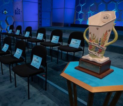 Scripps National Spelling Bee stage with the Scripps Cup trophy