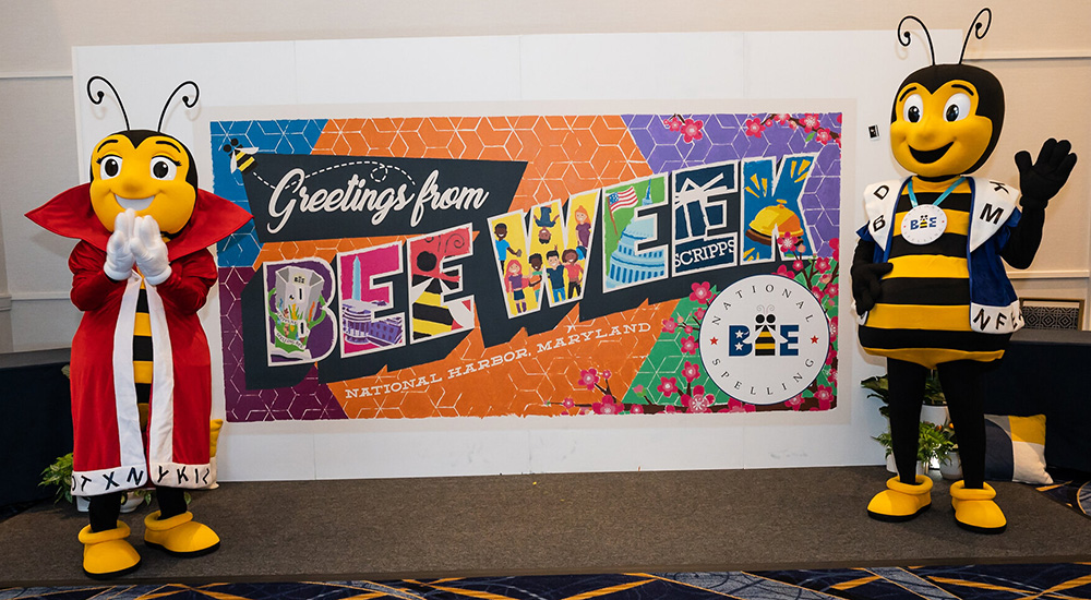 Bee Week mural with King Bee & Queen Bee mascots