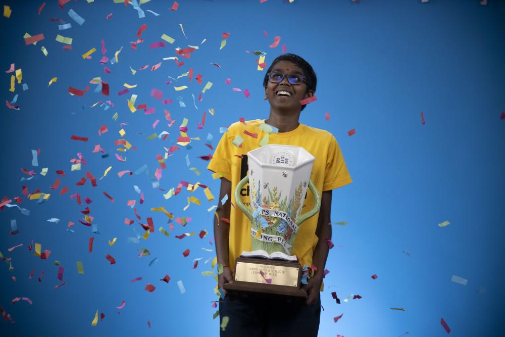 2024 Champion Bruhat Soma with the Scripps Cup, the official trophy of the Scripps National Spelling Bee