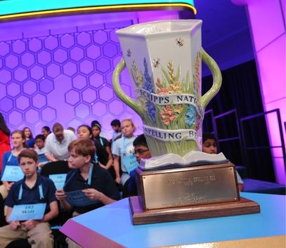 Scripps Cup trophy on stage at the Scripps National Spelling Bee