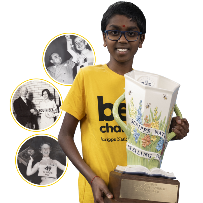 2024 Scripps National Spelling Bee Champion Bruhat Soma with historical photos