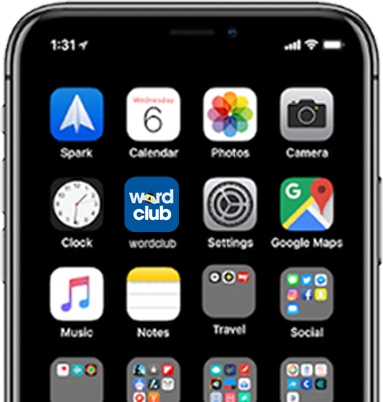 iPhone screen with Word Club App icon